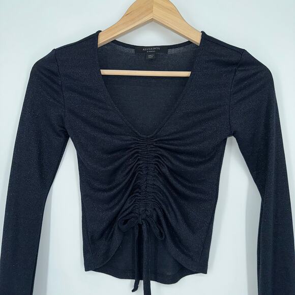 ALLSAINTS Rina Glitz Ruched Long Sleeve Sparkle Top, Navy Blue - Picture 5 of 13